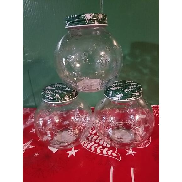 Christmas Round Embossed Tree Candy Cane Glass Jars Set of 3 - Picture 1 of 4